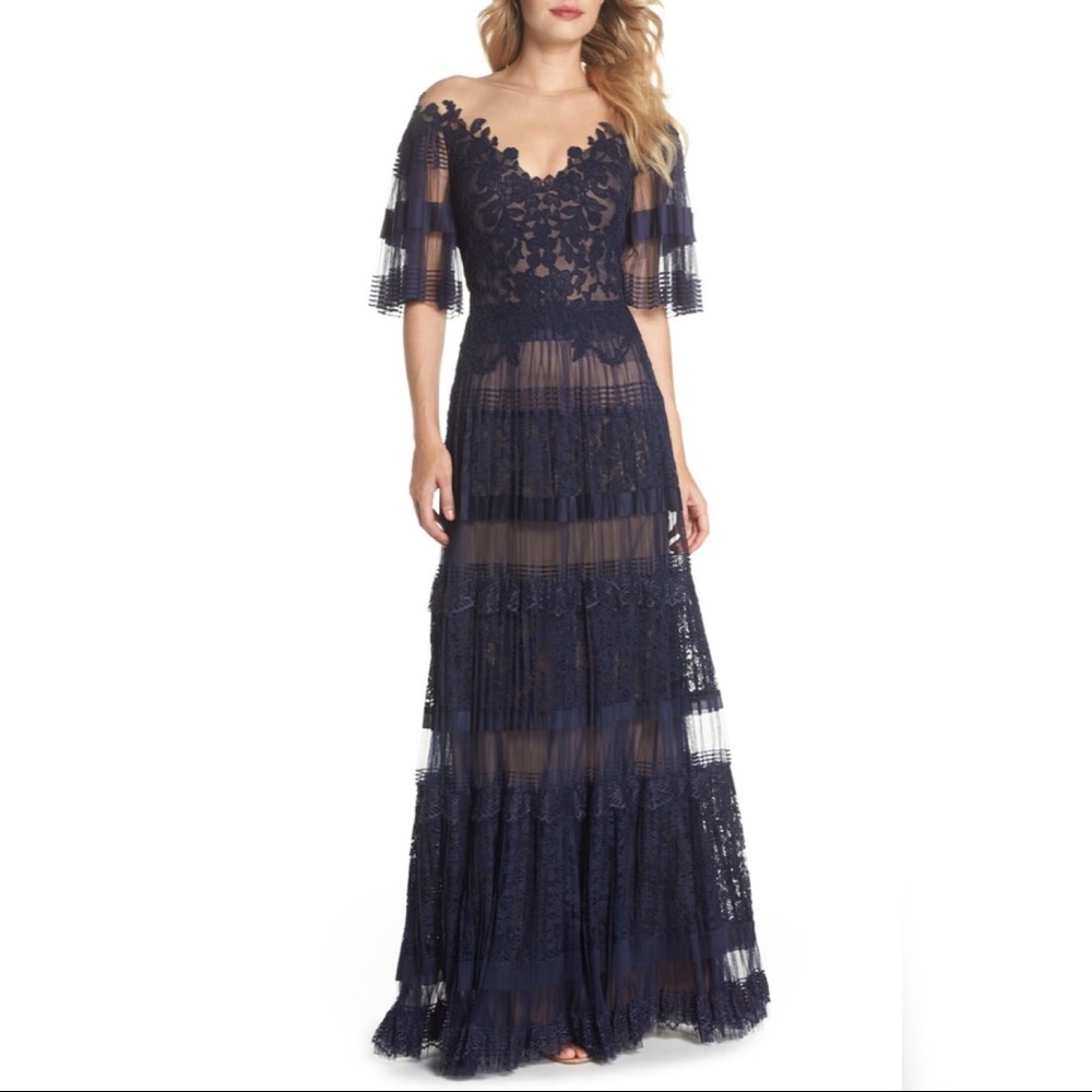 Tadashi Shoji Illusion V-Neck Lace Gown